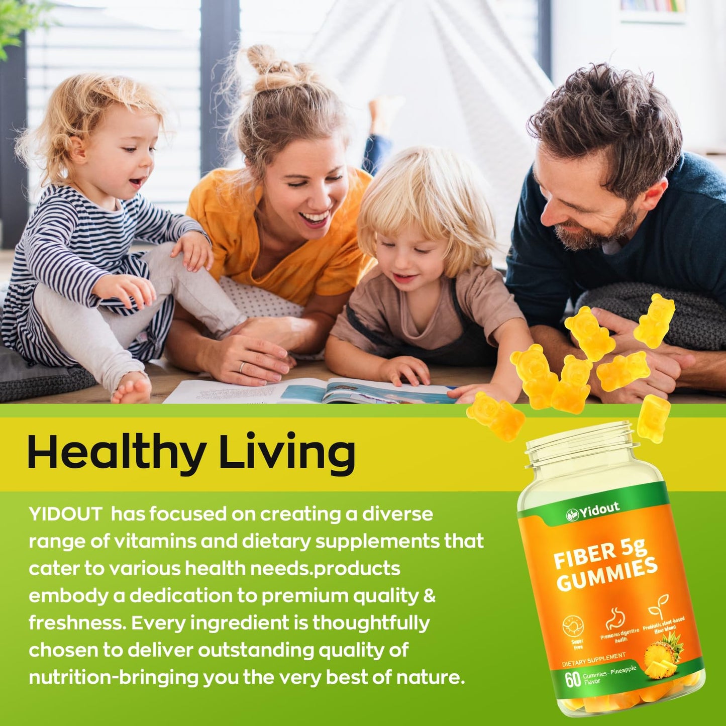 Yidout Fiber Gummies for Adults with Probiotics，No Sugar Added Pineapple Flavor, Promotes Gut Health and Regulate Bowel Movement, Vegan (60 Count（Pack of 1）) - dailyvitalstore