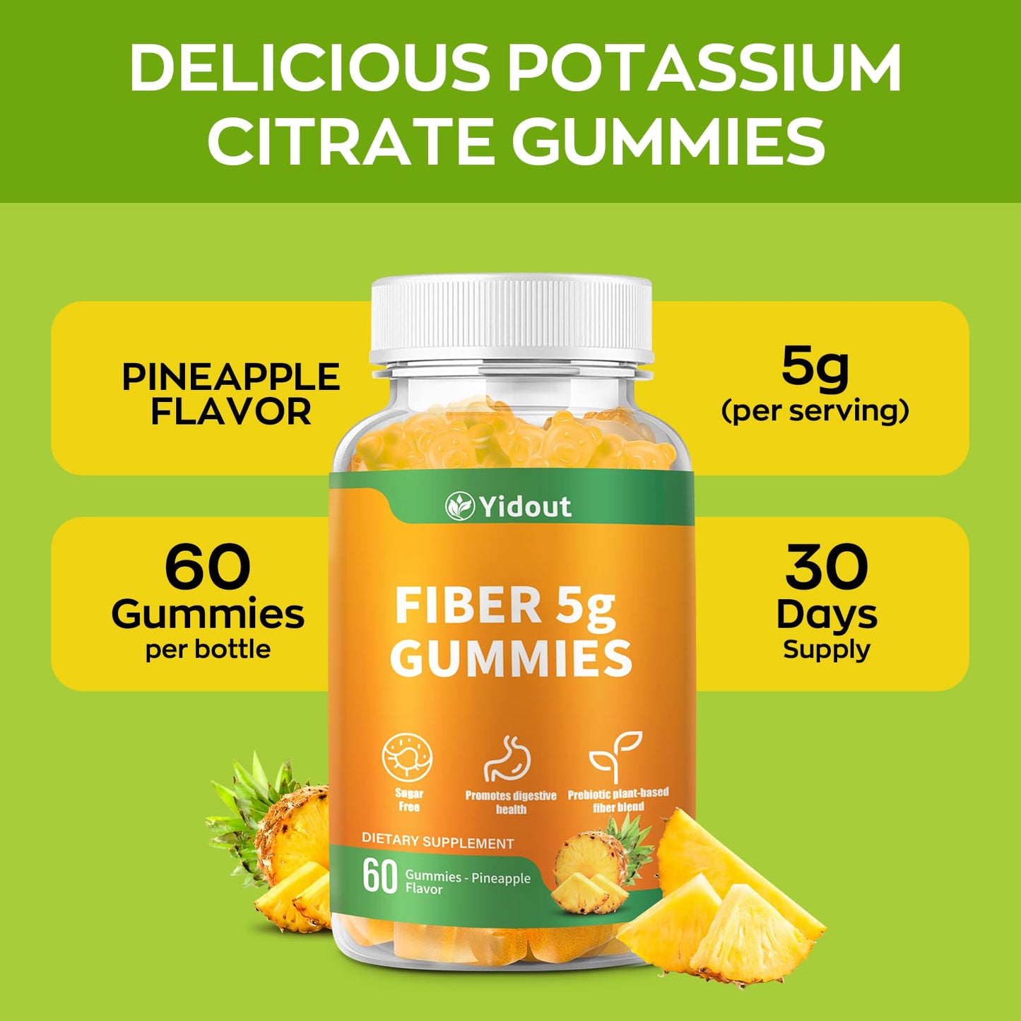 Yidout Fiber Gummies for Adults with Probiotics，No Sugar Added Pineapple Flavor, Promotes Gut Health and Regulate Bowel Movement, Vegan (60 Count（Pack of 1）) - dailyvitalstore