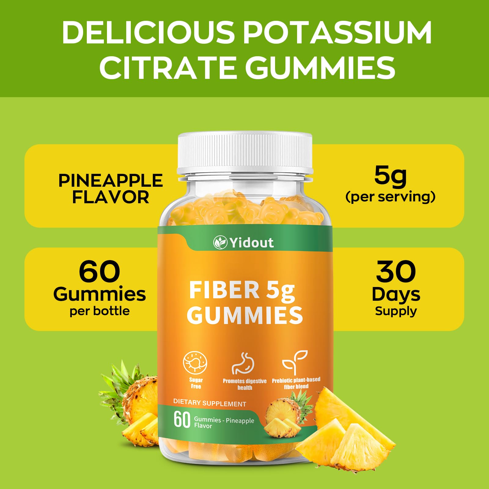 Yidout Fiber Gummies for Adults with Probiotics，No Sugar Added Pineapple Flavor, Promotes Gut Health and Regulate Bowel Movement, Vegan (60 Count（Pack of 1）) - dailyvitalstore