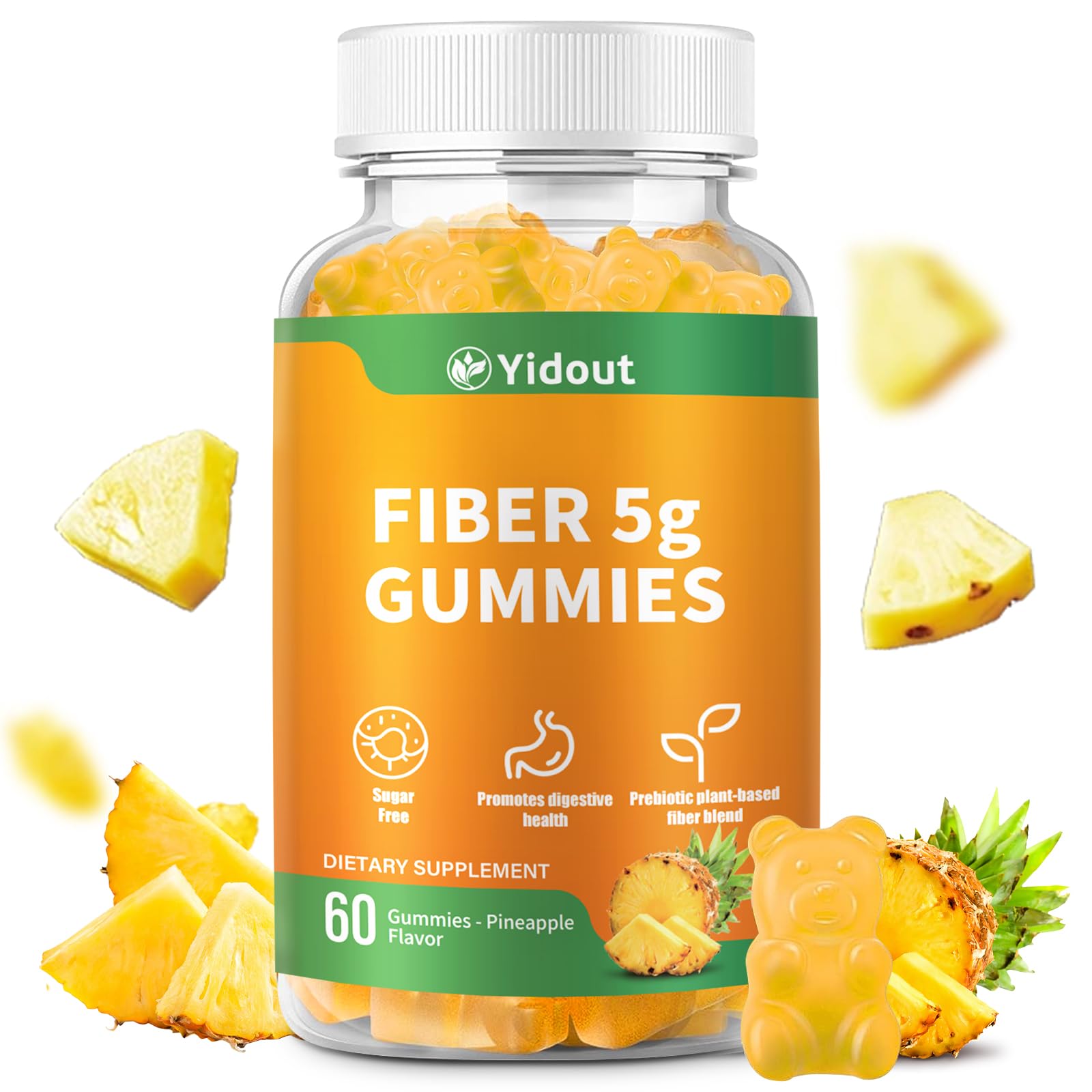 Yidout Fiber Gummies for Adults with Probiotics，No Sugar Added Pineapple Flavor, Promotes Gut Health and Regulate Bowel Movement, Vegan (60 Count（Pack of 1）) - dailyvitalstore