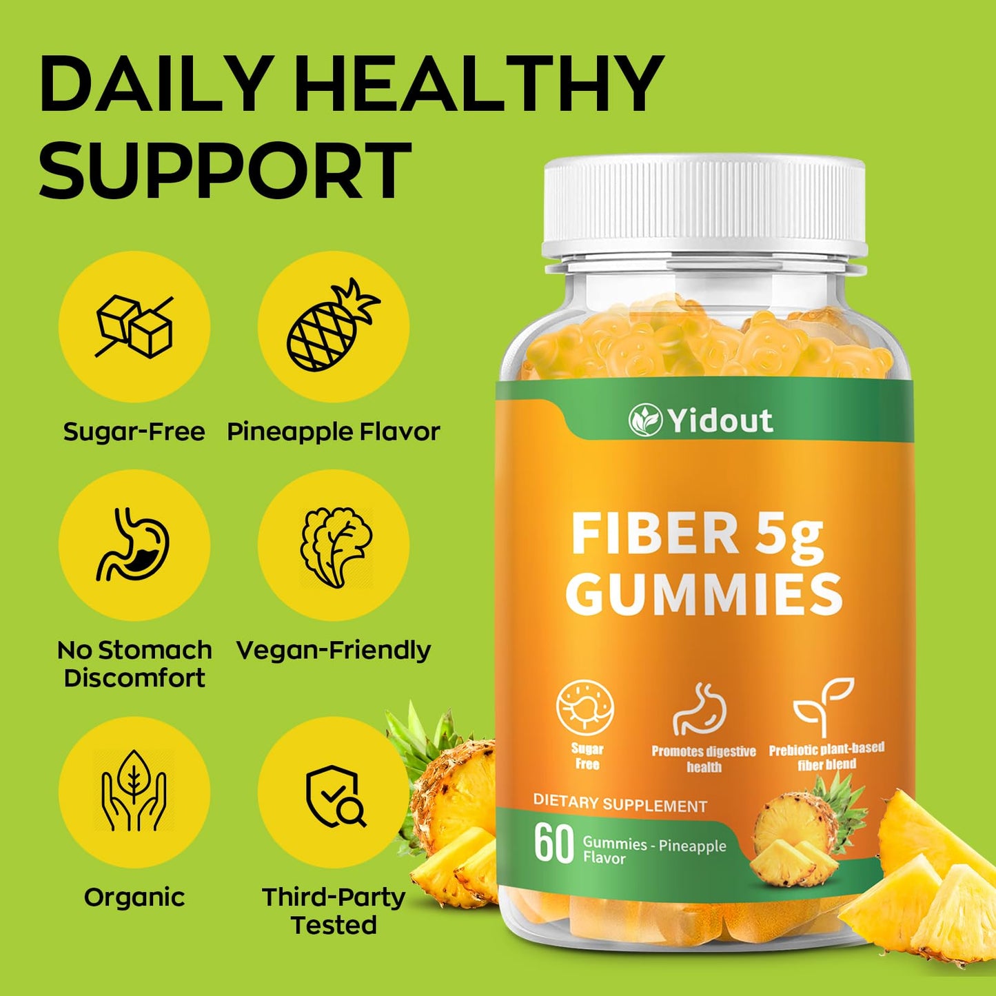 Yidout Fiber Gummies for Adults with Probiotics，No Sugar Added Pineapple Flavor, Promotes Gut Health and Regulate Bowel Movement, Vegan (60 Count（Pack of 1）) - dailyvitalstore