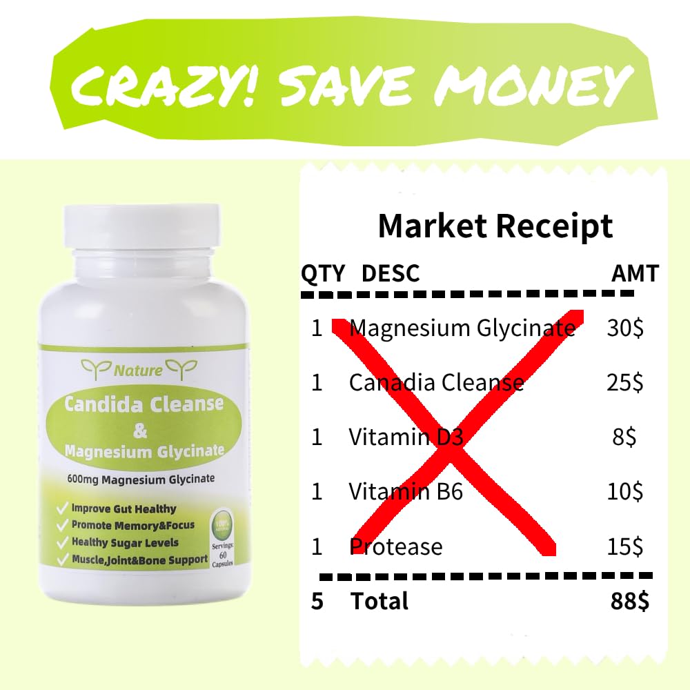 YNATUREY Candida Cleanse - Gut & Colon Support,Magnesium Glycinate 600mg,Women and Men Supplement with Magnesium Malate, Vitamin D, B6 - dailyvitalstore