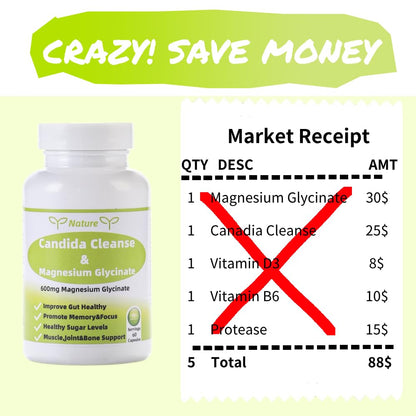 YNATUREY Candida Cleanse - Gut & Colon Support,Magnesium Glycinate 600mg,Women and Men Supplement with Magnesium Malate, Vitamin D, B6 - dailyvitalstore