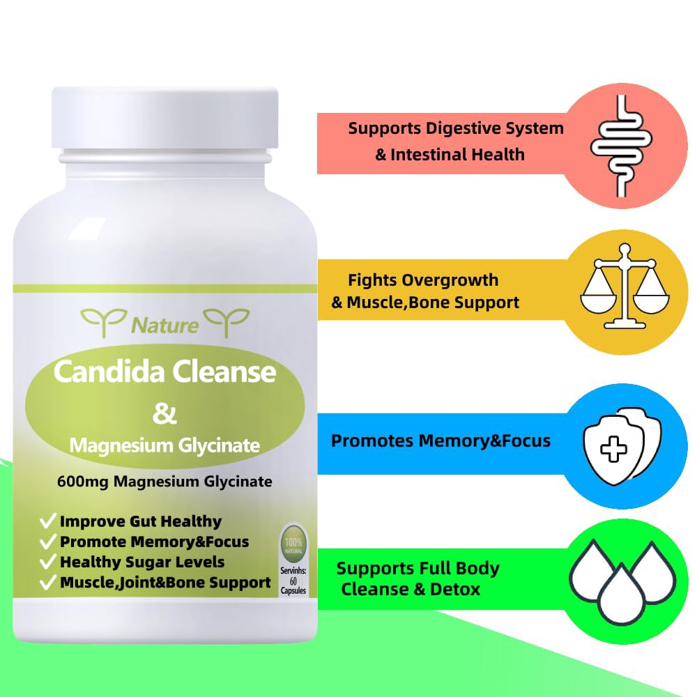 YNATUREY Candida Cleanse - Gut & Colon Support,Magnesium Glycinate 600mg,Women and Men Supplement with Magnesium Malate, Vitamin D, B6 - dailyvitalstore
