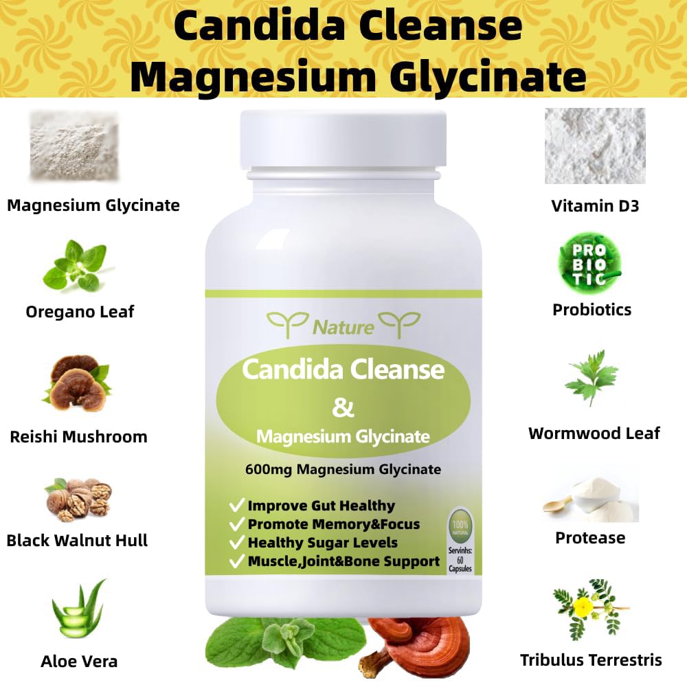 YNATUREY Candida Cleanse - Gut & Colon Support,Magnesium Glycinate 600mg,Women and Men Supplement with Magnesium Malate, Vitamin D, B6 - dailyvitalstore