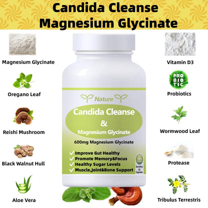 YNATUREY Candida Cleanse - Gut & Colon Support,Magnesium Glycinate 600mg,Women and Men Supplement with Magnesium Malate, Vitamin D, B6 - dailyvitalstore