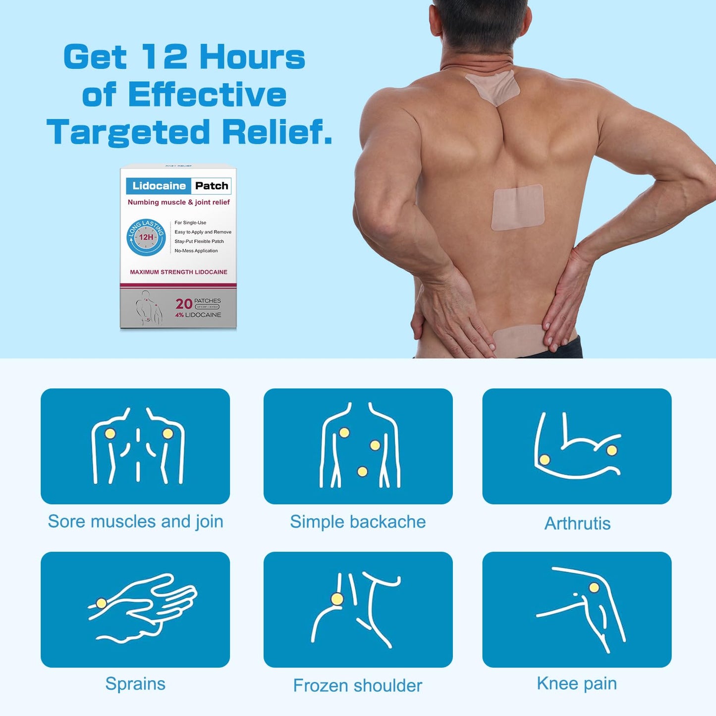 YOAPA 4% Lidocaine Pain Relief Patches | Maximum Strength Numbing Gel Patch for Back, Neck, Knee, Shoulder & Joint Pain | Up to 12 Hour Temporary Relief | 20 Count - G41 - dailyvitalstore