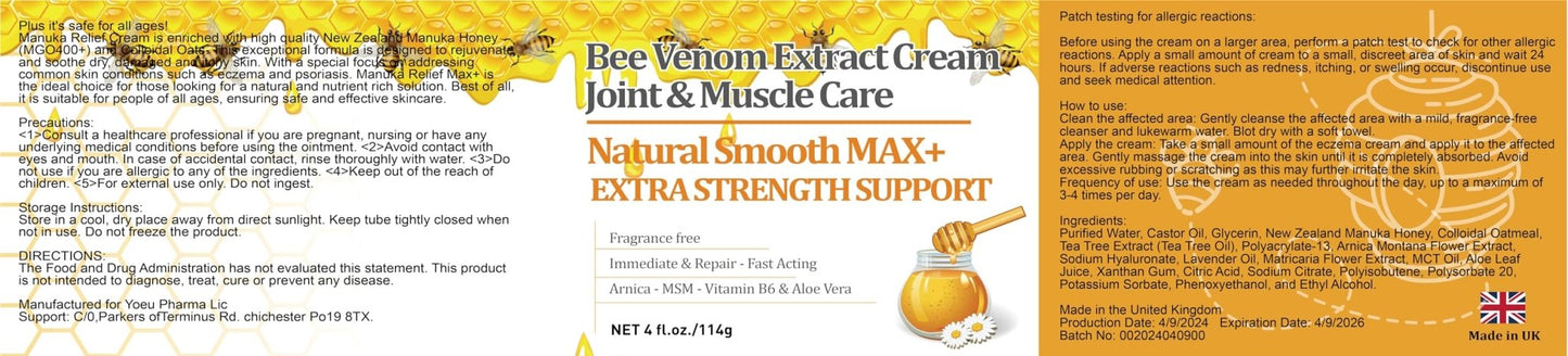 YOKOBBYES Pure Bee Venom Joint, Muscle & Bone Cream, Instant Relief, Back, Neck, Hand, Feet, Knee, Muscle, Shoulder, Ankle, Foot Discomfort, for Adults and The Elderly, - dailyvitalstore