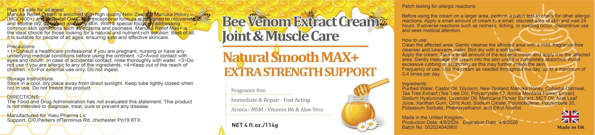 YOKOBBYES Pure Bee Venom Joint, Muscle & Bone Cream, Instant Relief, Back, Neck, Hand, Feet, Knee, Muscle, Shoulder, Ankle, Foot Discomfort, for Adults and The Elderly, - dailyvitalstore