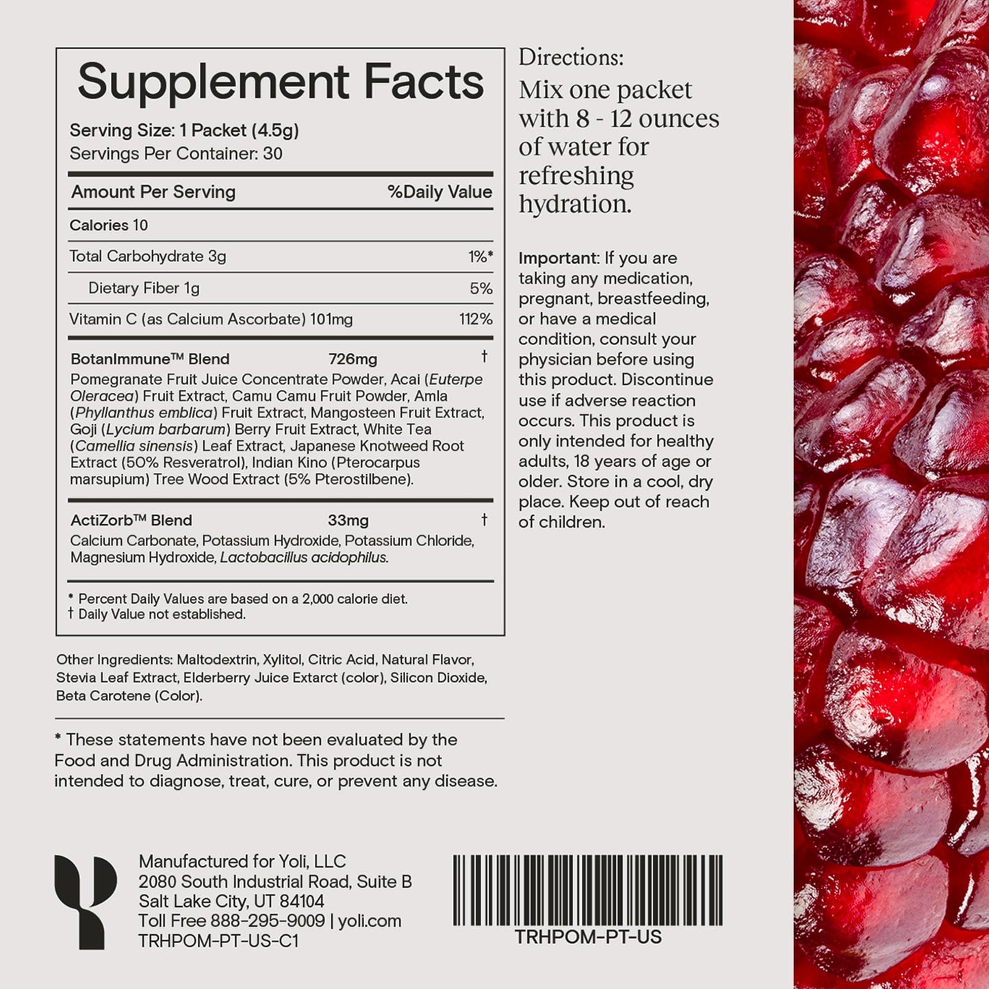 Yoli® Truth Antioxidant and Immune Support Supplement with Vitamin C, Botanicals, Superfruits, and Minerals - Pomegranate, 30 Packets - dailyvitalstore