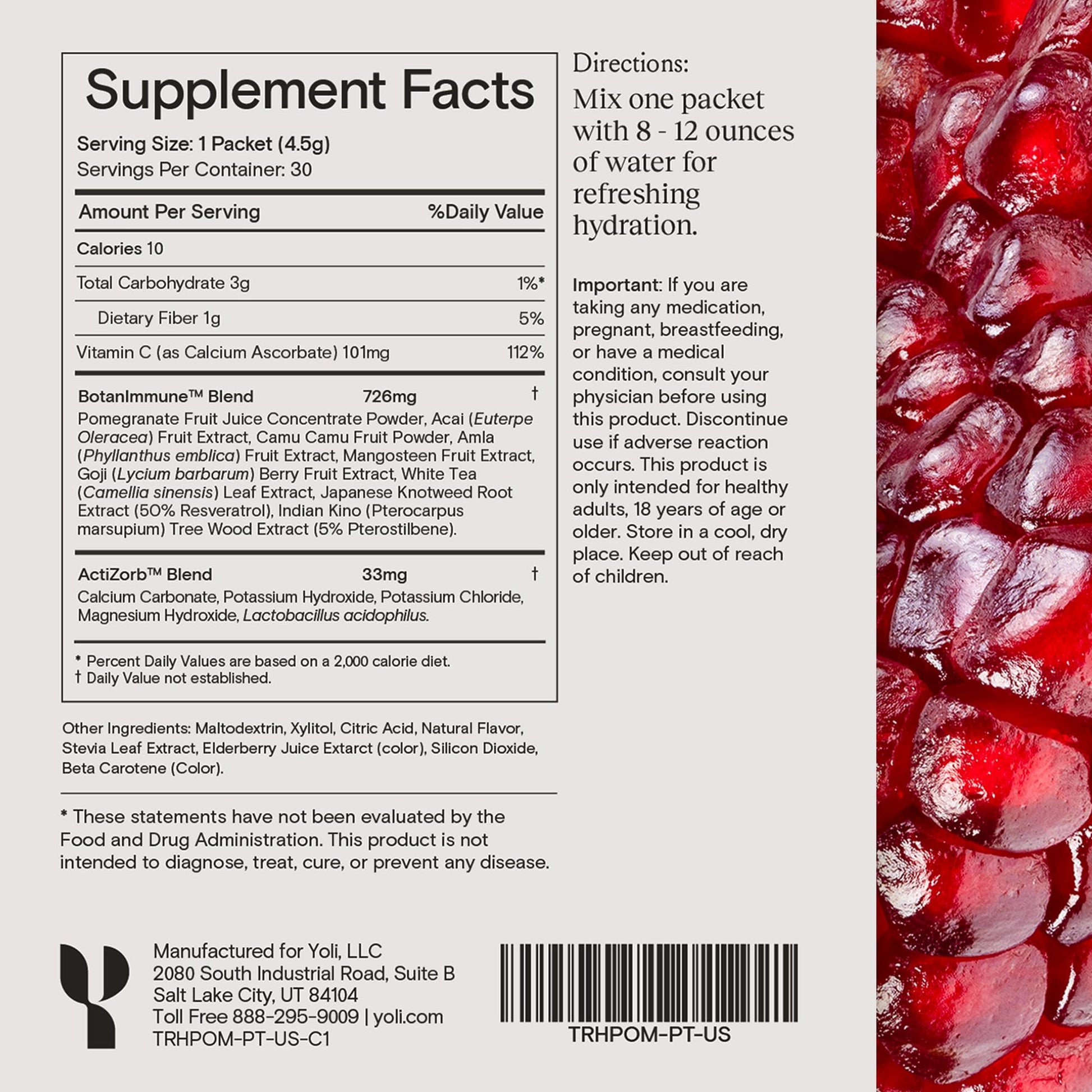 Yoli® Truth Antioxidant and Immune Support Supplement with Vitamin C, Botanicals, Superfruits, and Minerals - Pomegranate, 30 Packets - dailyvitalstore