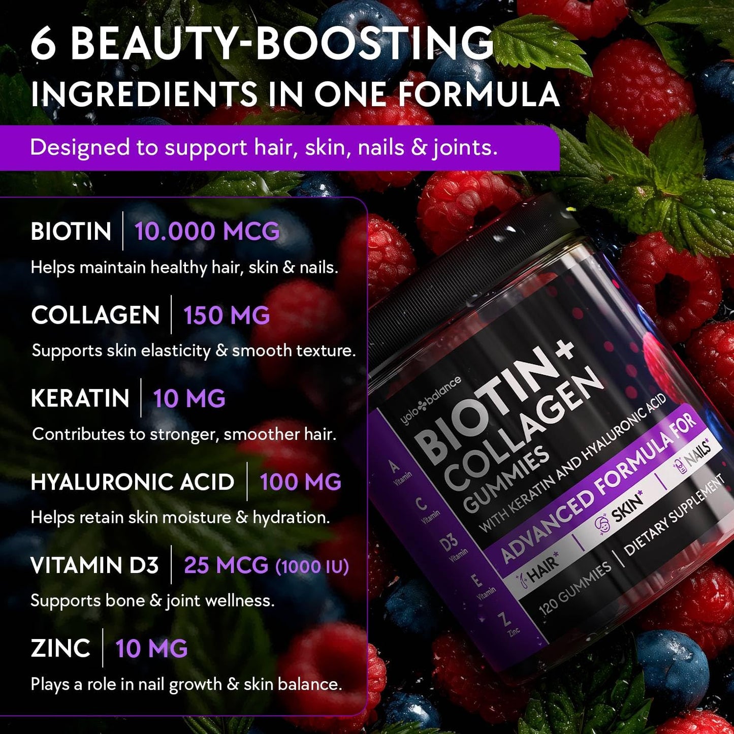 YOLOBALANCE Biotin Gummies 10000mcg for Hair Growth Support - Sugar Free Multi Collagen with Keratin, Silica & Hyaluronic Acid - Pectin Based, - dailyvitalstore