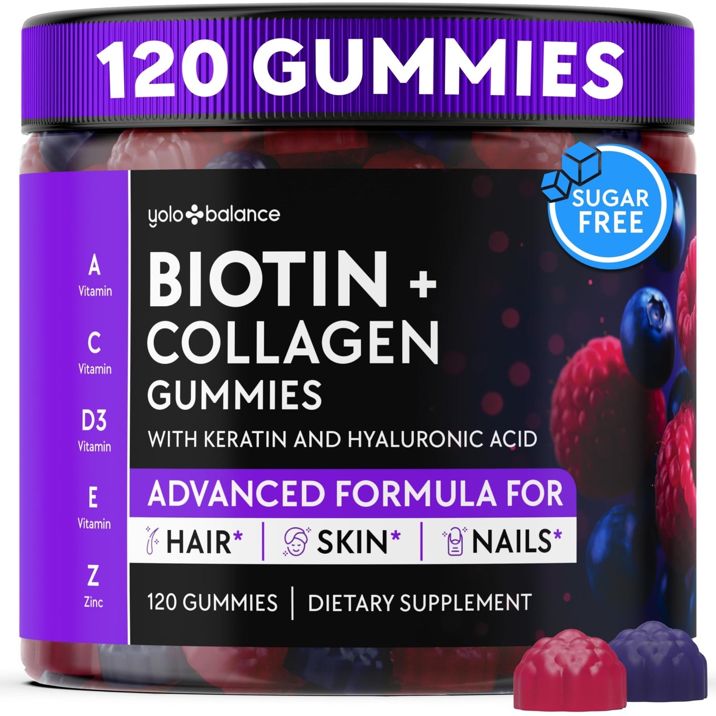 YOLOBALANCE Biotin Gummies 10000mcg for Hair Growth Support - Sugar Free Multi Collagen with Keratin, Silica & Hyaluronic Acid - Pectin Based, - dailyvitalstore