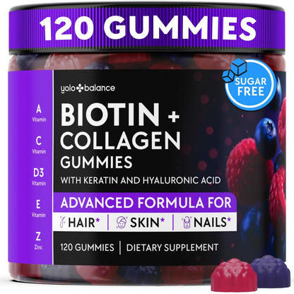YOLOBALANCE Biotin Gummies 10000mcg for Hair Growth Support - Sugar Free Multi Collagen with Keratin, Silica & Hyaluronic Acid - Pectin Based, - dailyvitalstore