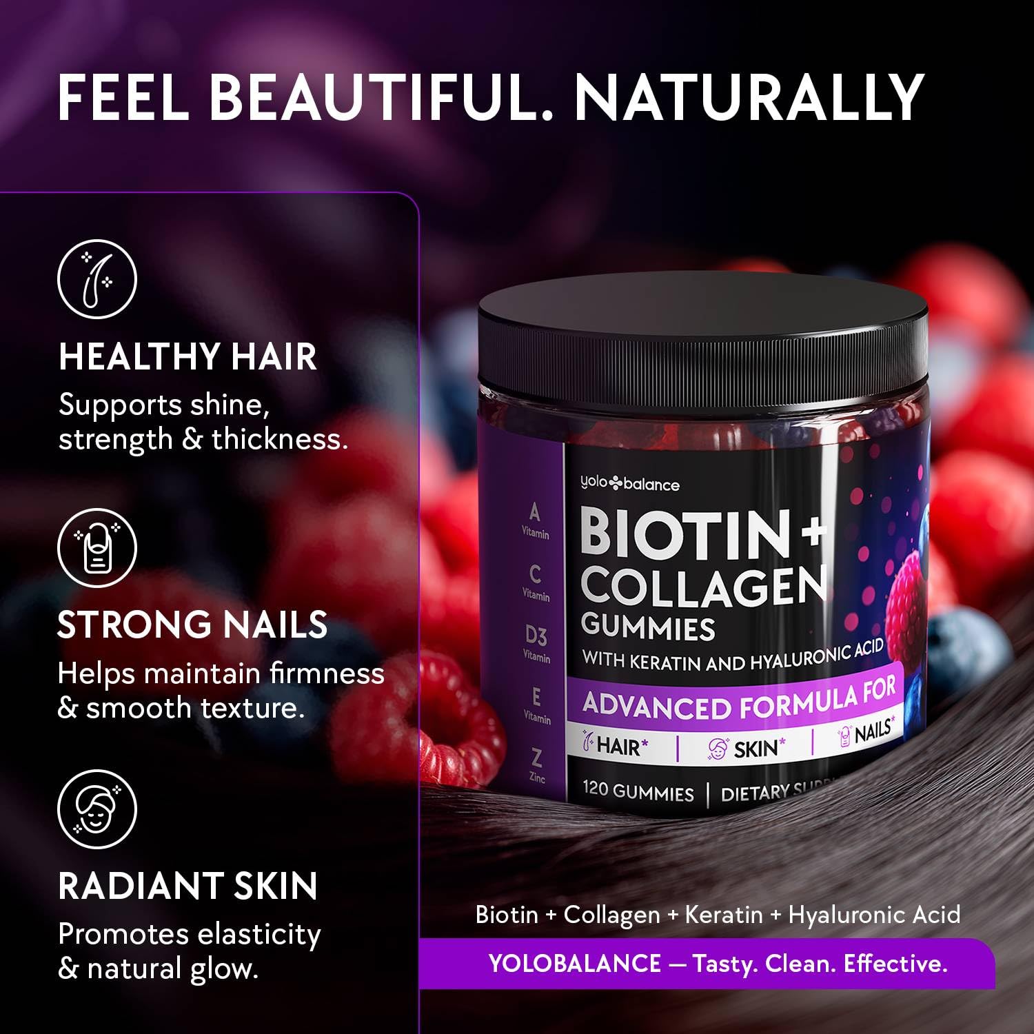 YOLOBALANCE Biotin Gummies 10000mcg for Hair Growth Support - Sugar Free Multi Collagen with Keratin, Silica & Hyaluronic Acid - Pectin Based, - dailyvitalstore