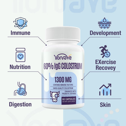 Yonrave Bovine Colostrum Capsules Supplement 1300mg - Extra High 60% IgG Bovine Colostrum - Gut, Bone, Exercise, Immune - 60 Capsules - dailyvitalstore