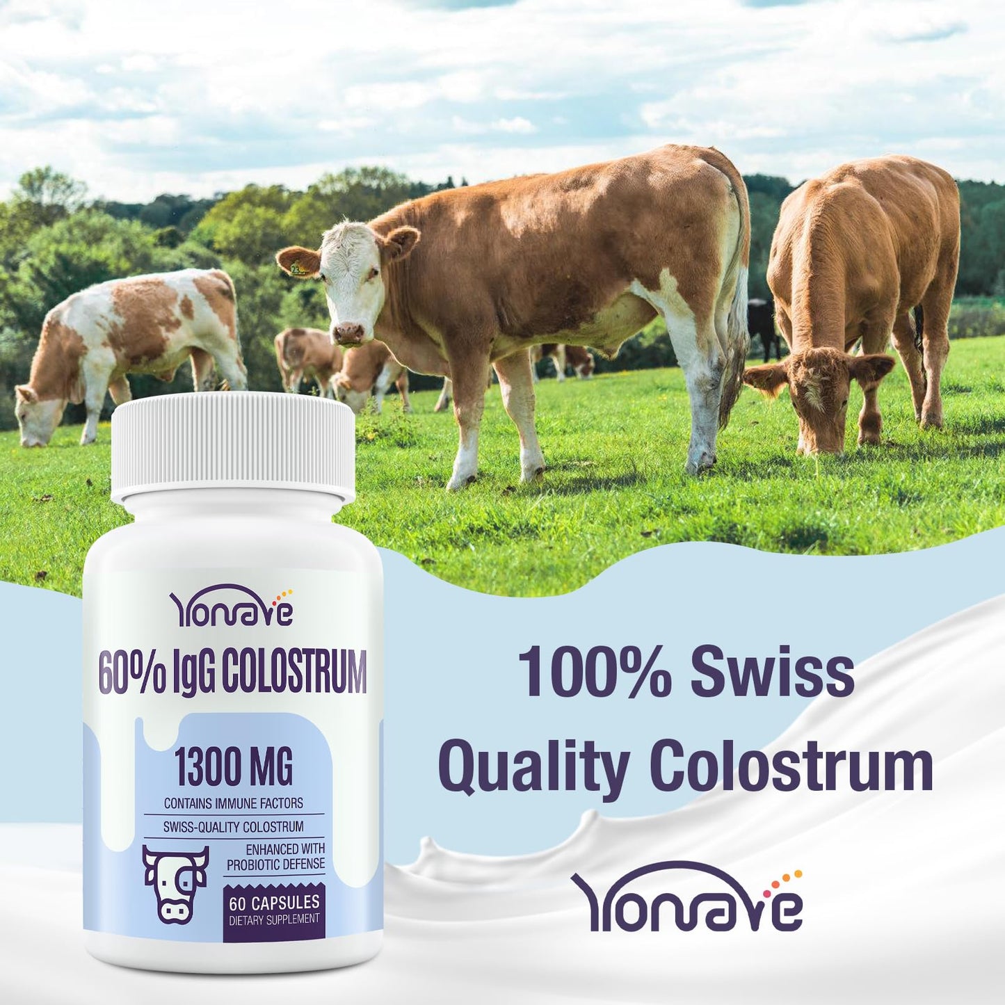Yonrave Bovine Colostrum Capsules Supplement 1300mg - Extra High 60% IgG Bovine Colostrum - Gut, Bone, Exercise, Immune - 60 Capsules - dailyvitalstore