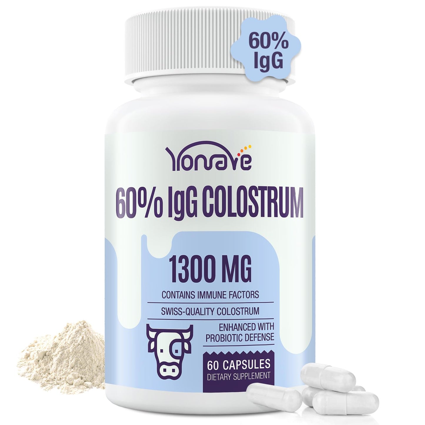 Yonrave Bovine Colostrum Capsules Supplement 1300mg - Extra High 60% IgG Bovine Colostrum - Gut, Bone, Exercise, Immune - 60 Capsules - dailyvitalstore
