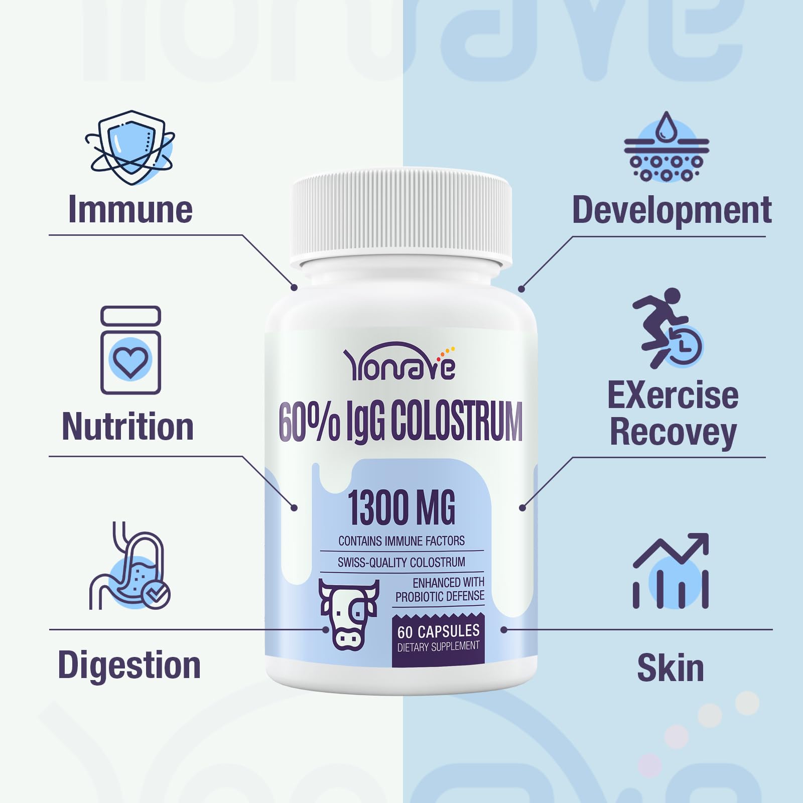 Yonrave Bovine Colostrum Capsules Supplement 1300mg - Extra High 60% IgG Bovine Colostrum - Gut, Bone, Exercise, Immune - 60 Capsules - dailyvitalstore