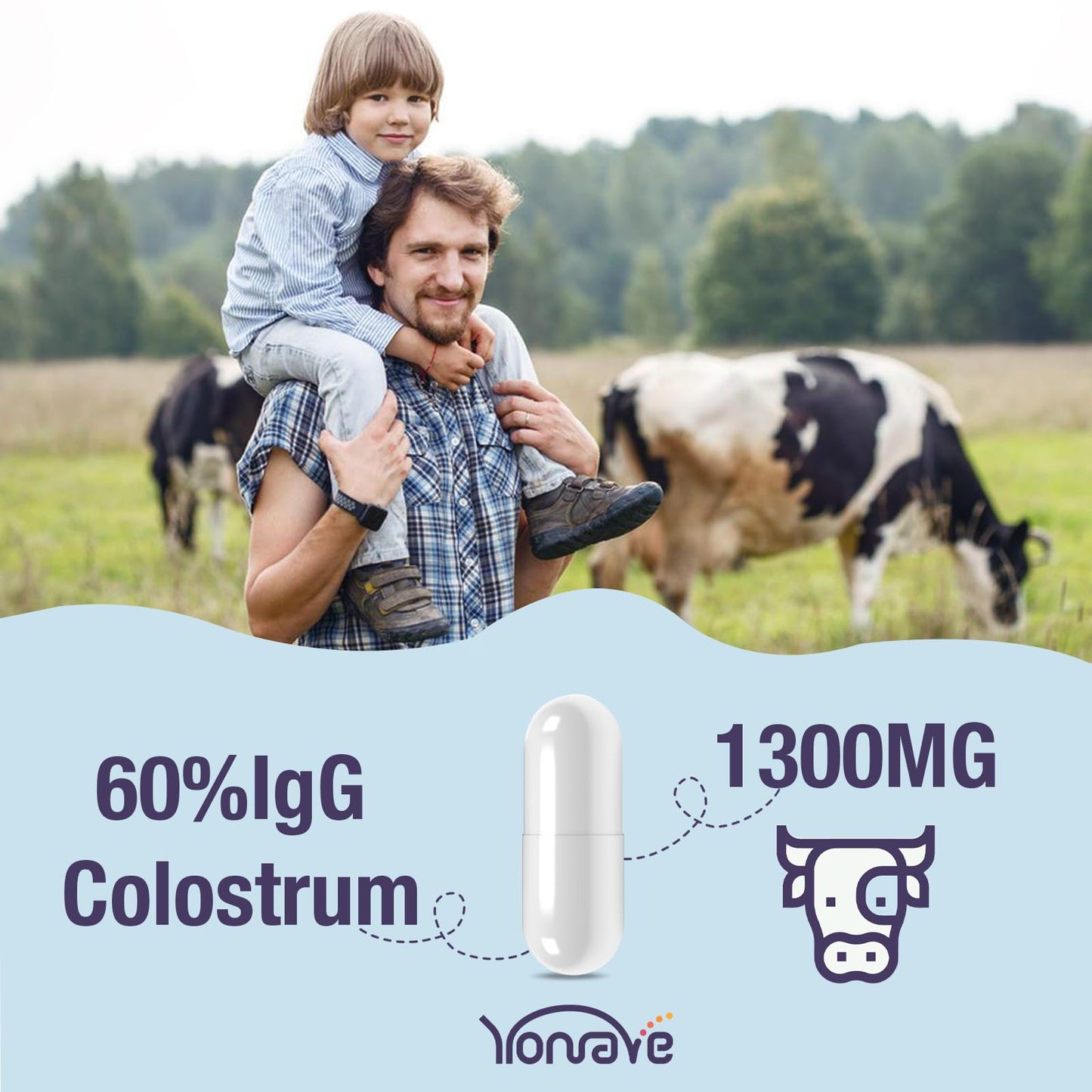 Yonrave Bovine Colostrum Capsules Supplement 1300mg - Extra High 60% IgG Bovine Colostrum - Gut, Bone, Exercise, Immune - 60 Capsules - dailyvitalstore