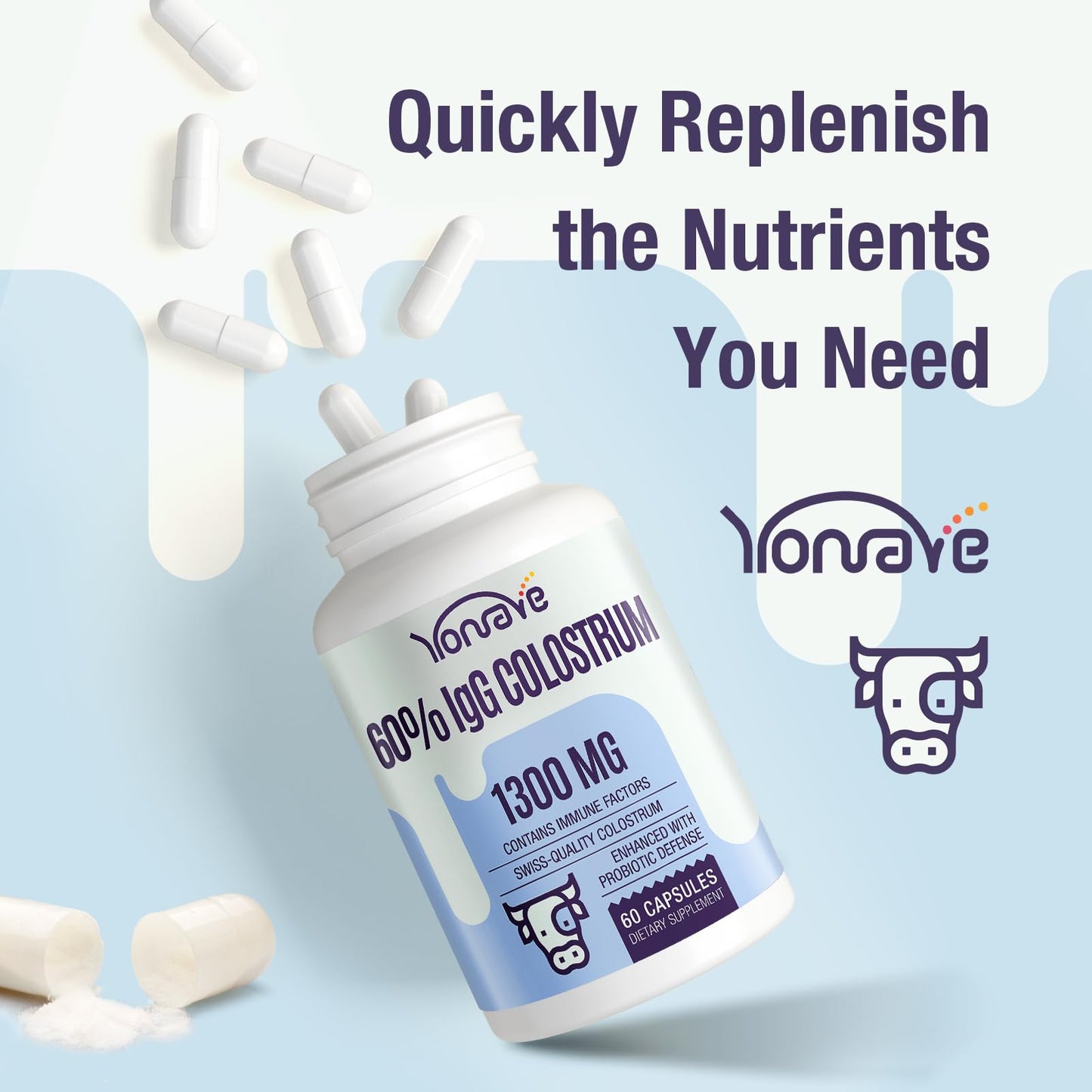 Yonrave Bovine Colostrum Capsules Supplement 1300mg - Extra High 60% IgG Bovine Colostrum - Gut, Bone, Exercise, Immune - 60 Capsules - dailyvitalstore