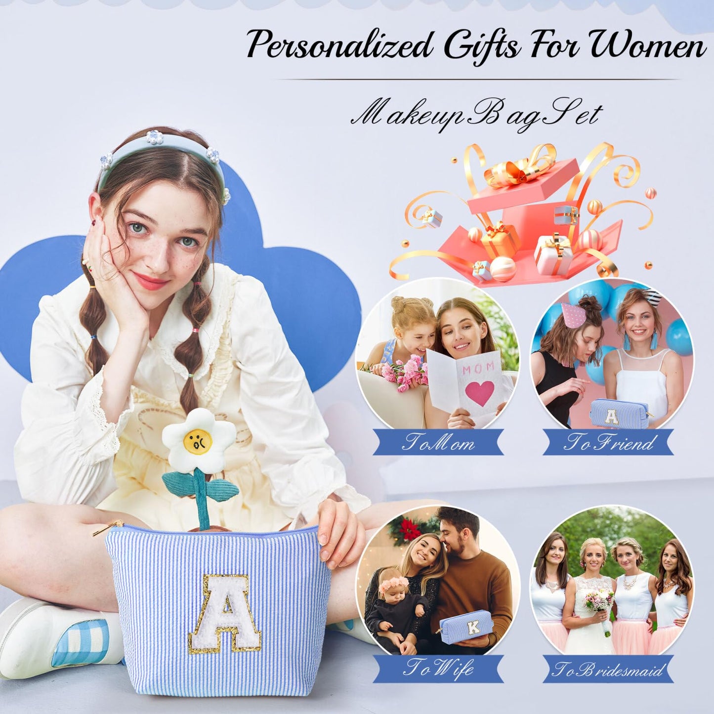 YOOLIFE Birthday Gifts for Teen Girls Kids Initial Makeup Bag | Teen Girl Gift Trendy Stuff | Travel Makeup Bag Toiletry Bags | Gifts for 3 4 5 6 7 8 9 10 11 12 13 Year Old Girl Blue K - dailyvitalstore