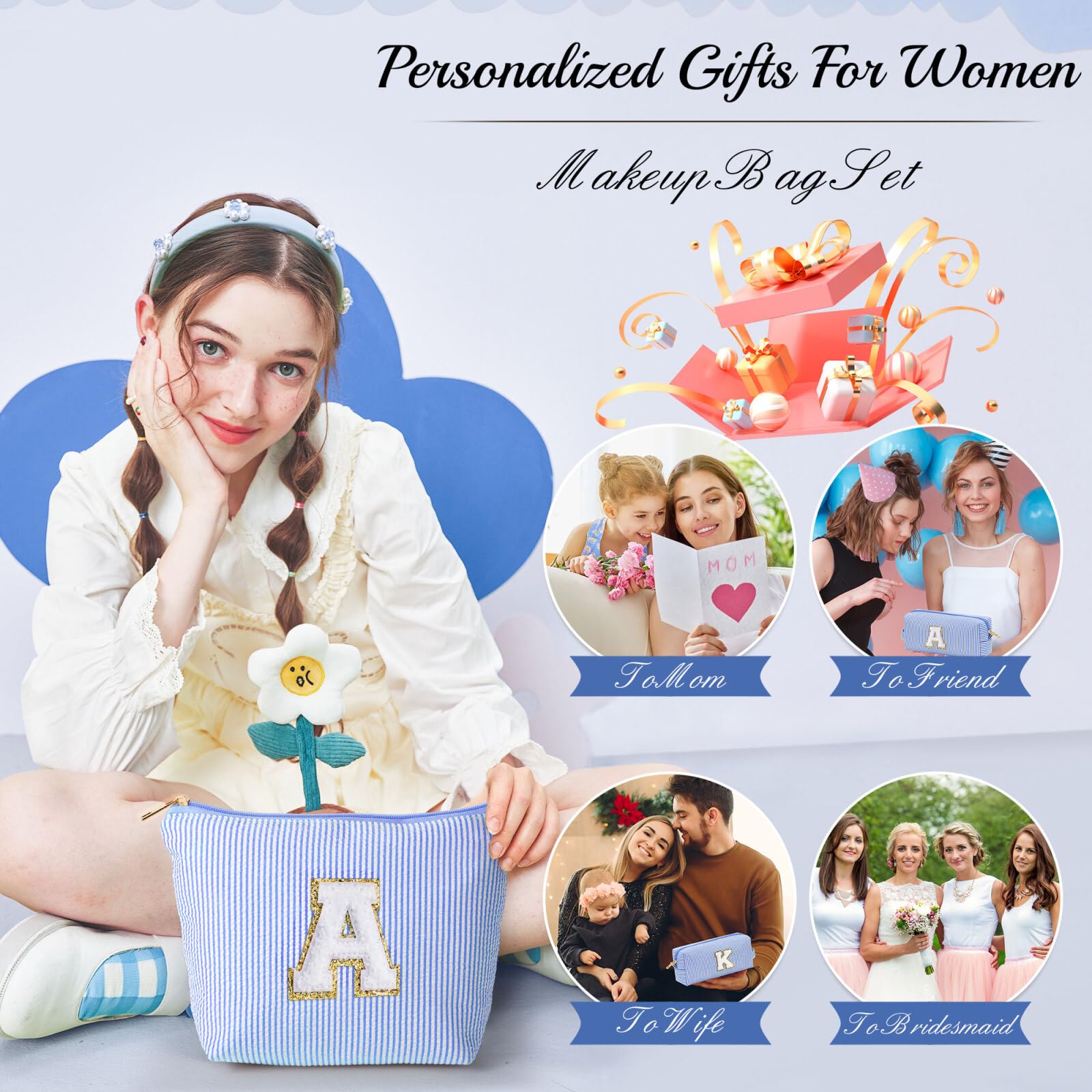 YOOLIFE Birthday Gifts for Teen Girls Kids Initial Makeup Bag | Teen Girl Gift Trendy Stuff | Travel Makeup Bag Toiletry Bags | Gifts for 3 4 5 6 7 8 9 10 11 12 13 Year Old Girl Blue K - dailyvitalstore