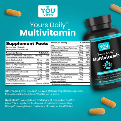 You Vites - Methylated Multivitamin for Men and Women, Methyl Multi Without Iron - 60 Capsules, MTHFR Supplement with Methyl B12, Methylfolate (5-MTHF), CoQ10 for Energy, Heart and Mood Support - dailyvitalstore