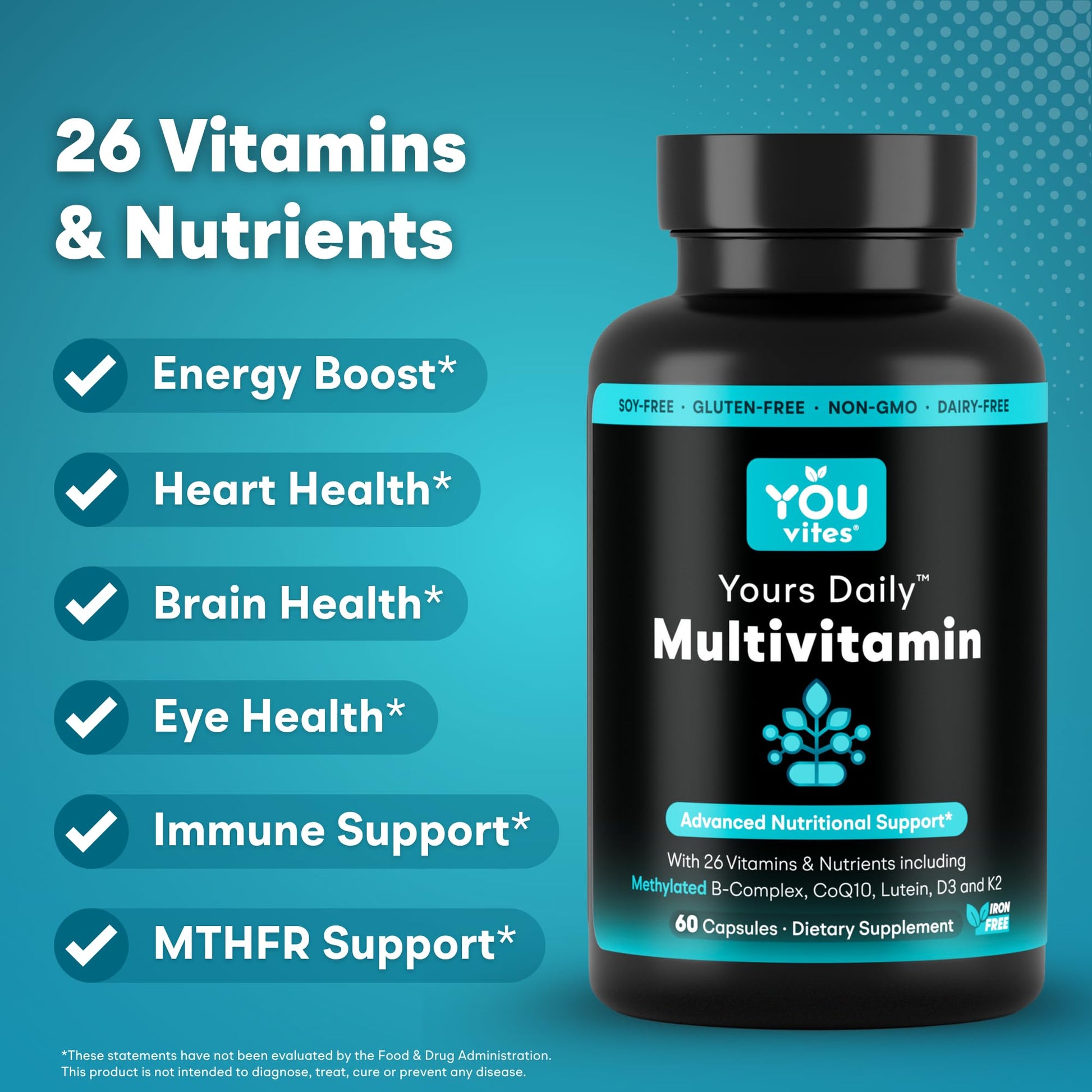 You Vites - Methylated Multivitamin for Men and Women, Methyl Multi Without Iron - 60 Capsules, MTHFR Supplement with Methyl B12, Methylfolate (5-MTHF), CoQ10 for Energy, Heart and Mood Support - dailyvitalstore