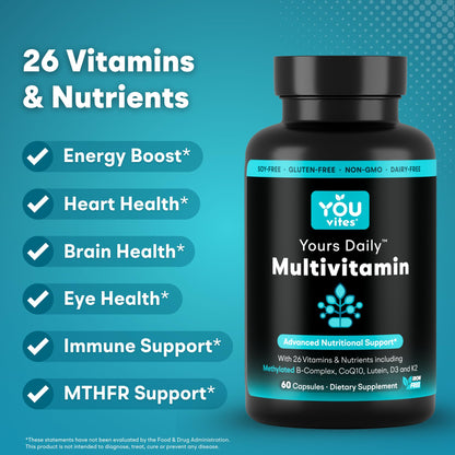 You Vites - Methylated Multivitamin for Men and Women, Methyl Multi Without Iron - 60 Capsules, MTHFR Supplement with Methyl B12, Methylfolate (5-MTHF), CoQ10 for Energy, Heart and Mood Support - dailyvitalstore