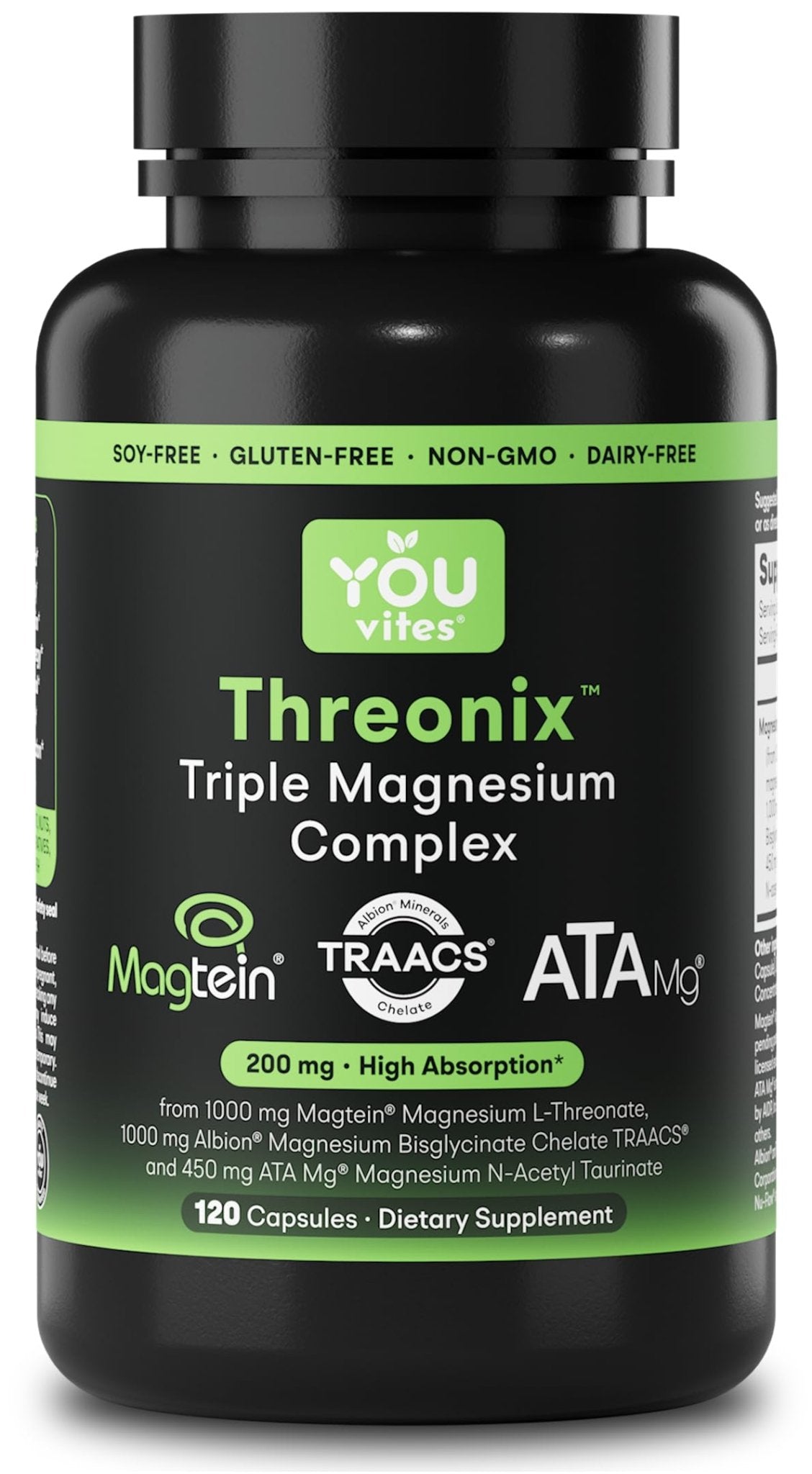 You Vites Threonix Triple Magnesium Complex - Magtein L-Threonate, Bisglycinate Chelate TRAACS & ATA Mg - Brain, Sleep, Mood & Focus Support - High Absorption, Gentle on Stomach - 120 Capsules - dailyvitalstore