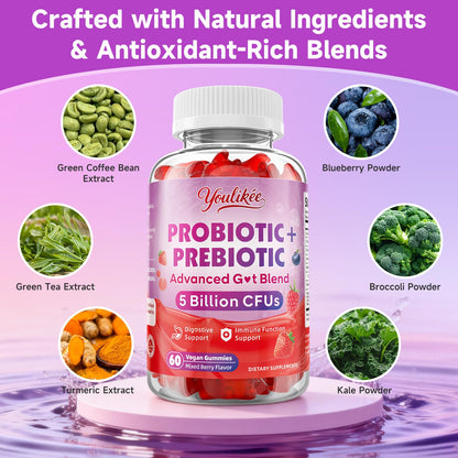 Youlikee 2 Pack Prebiotic + Probiotic Gummies for Women and Men, Probiotic Gummies Supports Gut Health, 5 Billion CFUs with Fibers, - dailyvitalstore