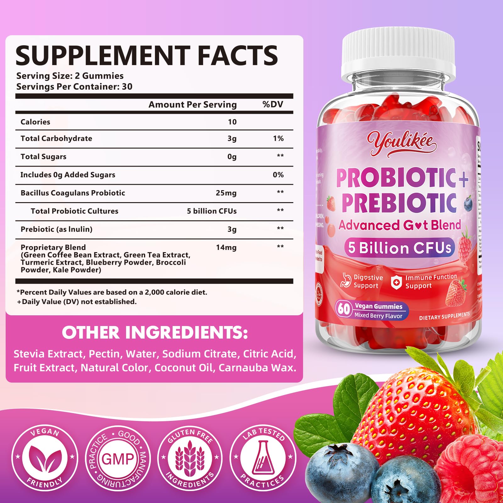 Youlikee 2 Pack Prebiotic + Probiotic Gummies for Women and Men, Probiotic Gummies Supports Gut Health, 5 Billion CFUs with Fibers, - dailyvitalstore