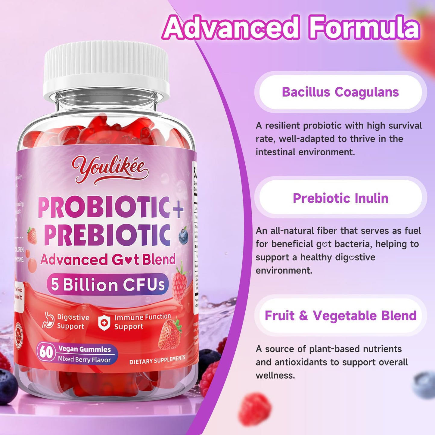 Youlikee 2 Pack Prebiotic + Probiotic Gummies for Women and Men, Probiotic Gummies Supports Gut Health, 5 Billion CFUs with Fibers, - dailyvitalstore