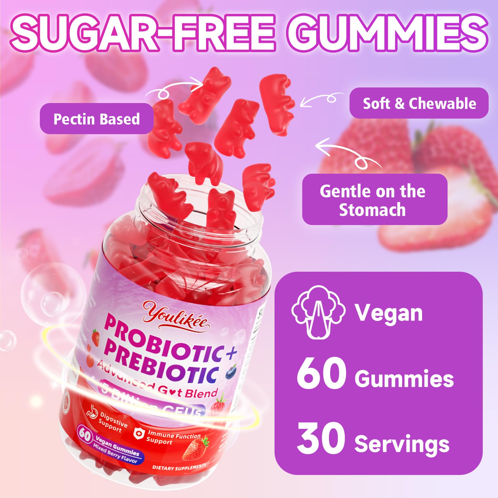 Youlikee 2 Pack Prebiotic + Probiotic Gummies for Women and Men, Probiotic Gummies Supports Gut Health, 5 Billion CFUs with Fibers, - dailyvitalstore