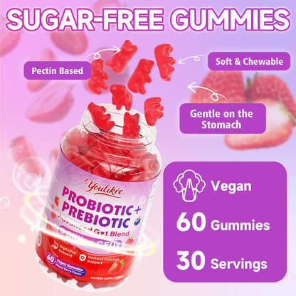 Youlikee 2 Pack Prebiotic + Probiotic Gummies for Women and Men, Probiotic Gummies Supports Gut Health, 5 Billion CFUs with Fibers, - dailyvitalstore