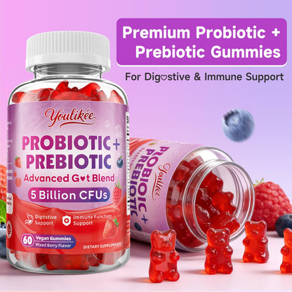 Youlikee 2 Pack Prebiotic + Probiotic Gummies for Women and Men, Probiotic Gummies Supports Gut Health, 5 Billion CFUs with Fibers, - dailyvitalstore