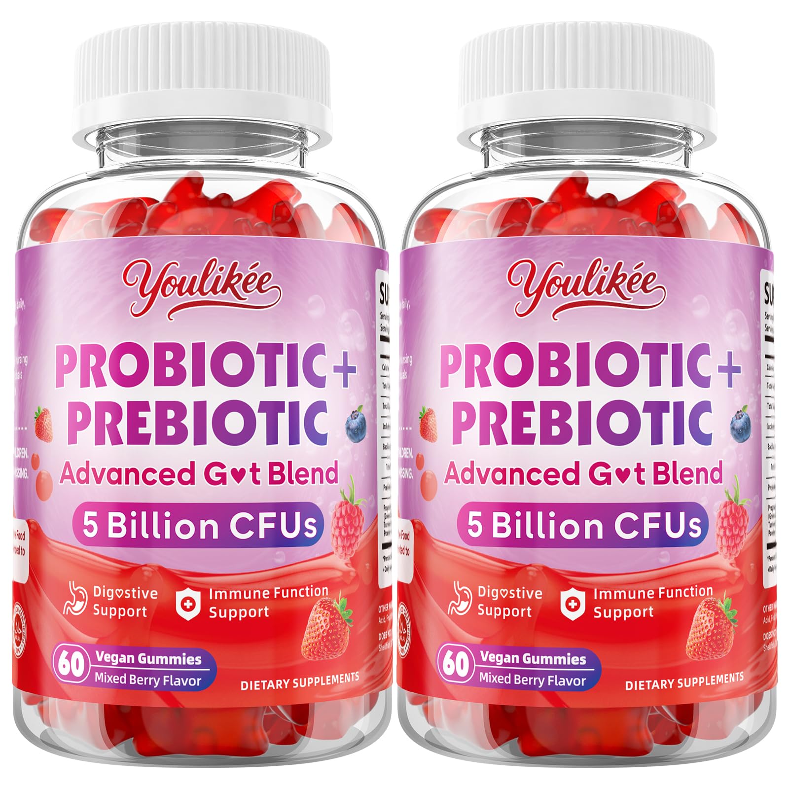 Youlikee 2 Pack Prebiotic + Probiotic Gummies for Women and Men, Probiotic Gummies Supports Gut Health, 5 Billion CFUs with Fibers, - dailyvitalstore