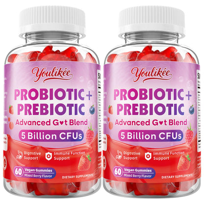 Youlikee 2 Pack Prebiotic + Probiotic Gummies for Women and Men, Probiotic Gummies Supports Gut Health, 5 Billion CFUs with Fibers, - dailyvitalstore
