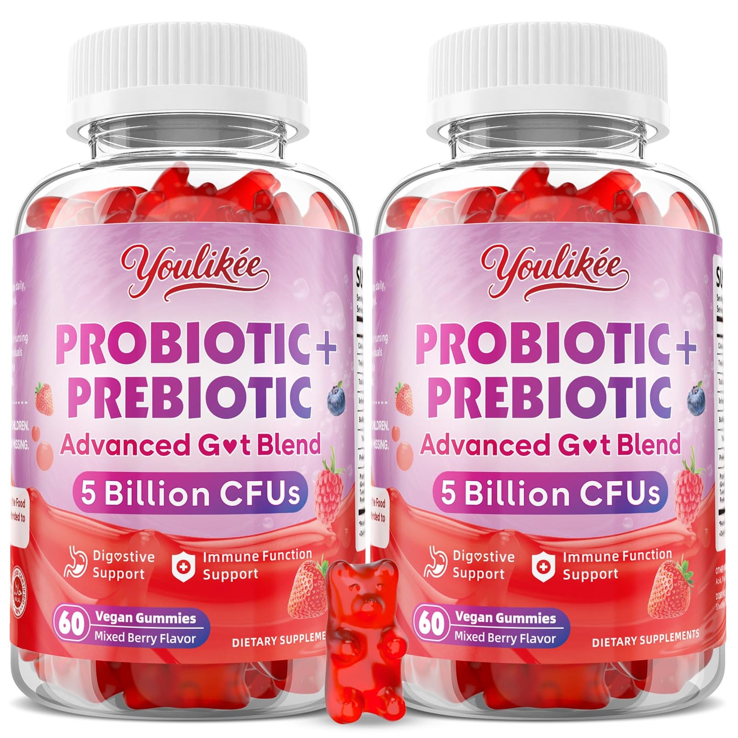 Youlikee 2 Pack Prebiotic + Probiotic Gummies for Women and Men, Probiotic Gummies Supports Gut Health, 5 Billion CFUs with Fibers, - dailyvitalstore