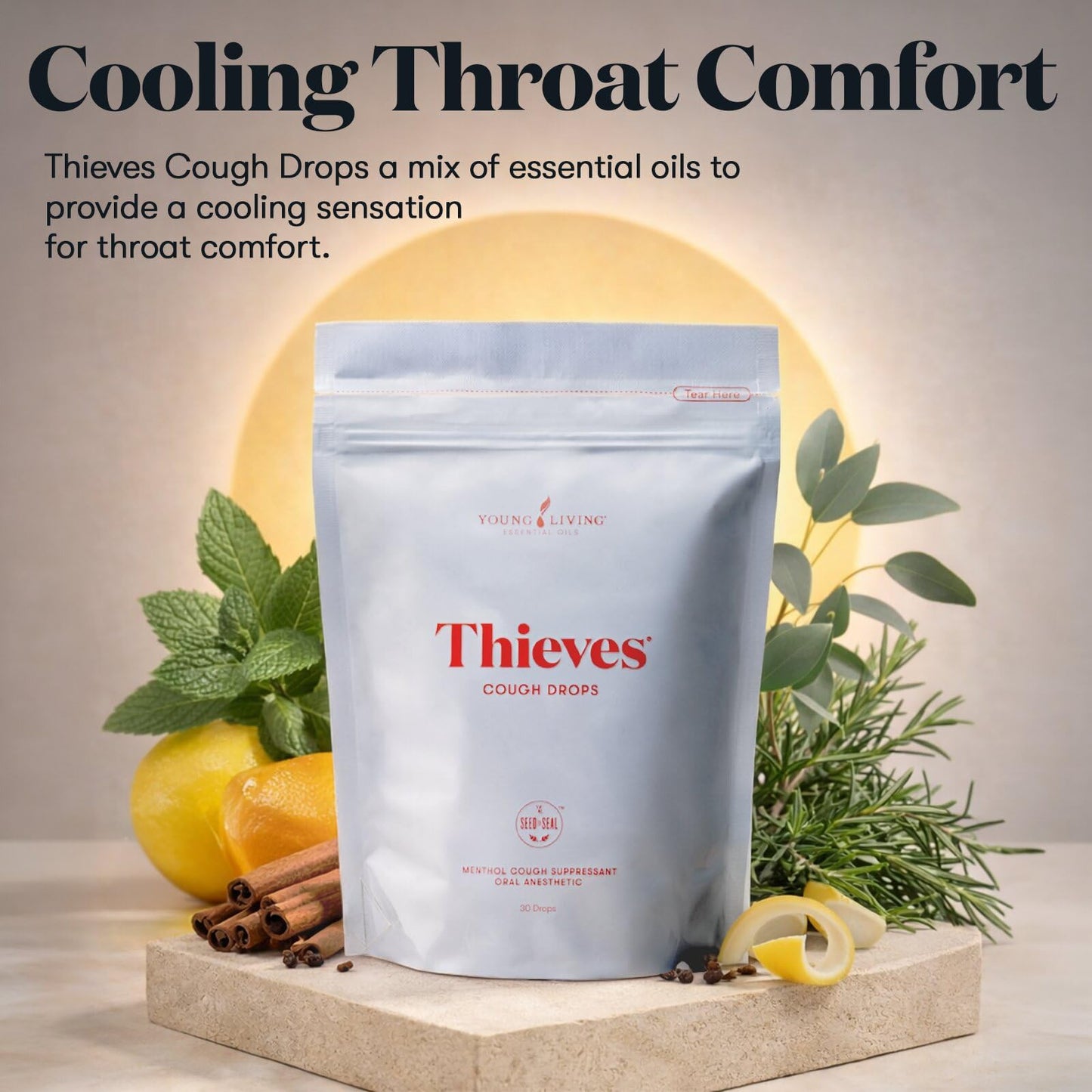 Young Living Thieves Cough Drops | 30 ct | Cinnamon & Menthol Flavor | with Thieves Essential Oil Blend of Lemon, Clove, Eucalyptus, Rosemary, & Peppermint | Sugar Free | Cooling Throat Comfort - dailyvitalstore