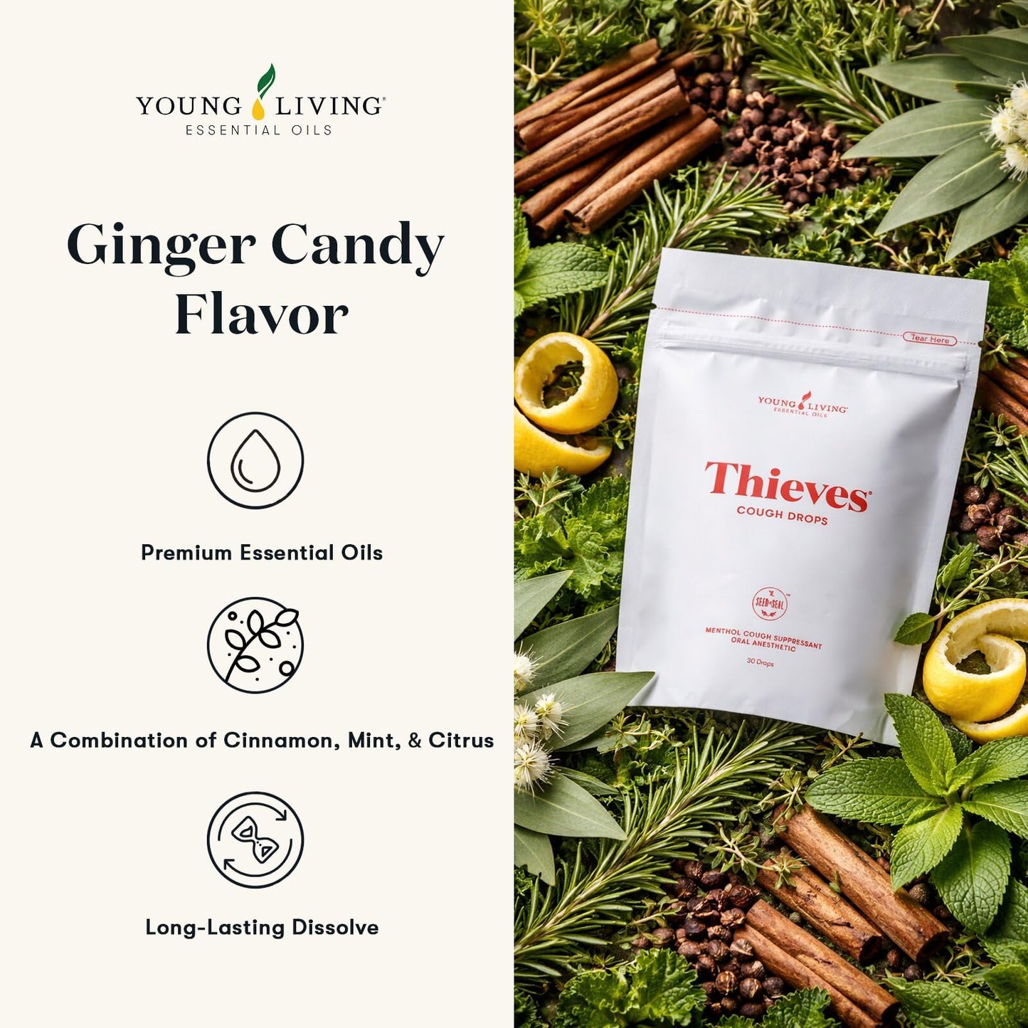 Young Living Thieves Cough Drops | 30 ct | Cinnamon & Menthol Flavor | with Thieves Essential Oil Blend of Lemon, Clove, Eucalyptus, Rosemary, & Peppermint | Sugar Free | Cooling Throat Comfort - dailyvitalstore