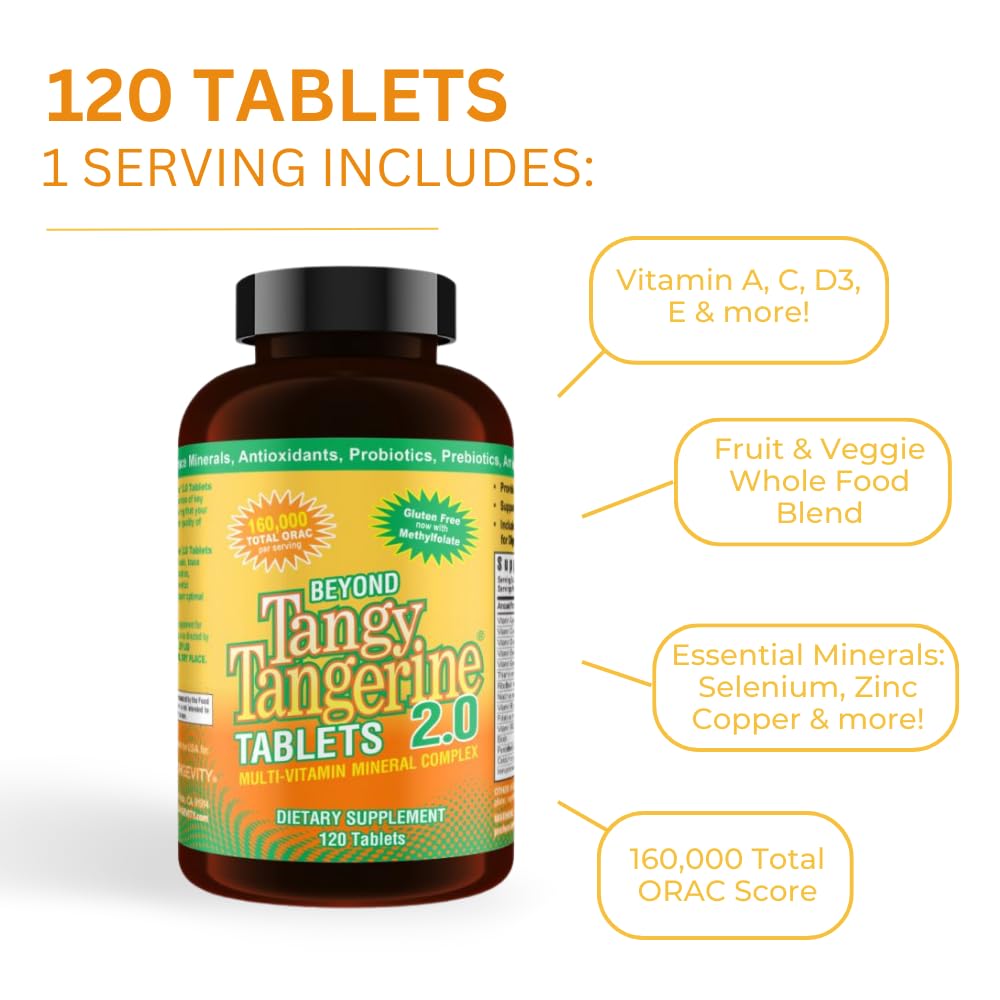 Youngevity Beyond Tangy Tangerine 2.0 Multi-Vitamin & Mineral Complex - Made with Natural & Whole Foods | 160,000 ORAC | 120 Tablets | 1 Bottle - dailyvitalstore