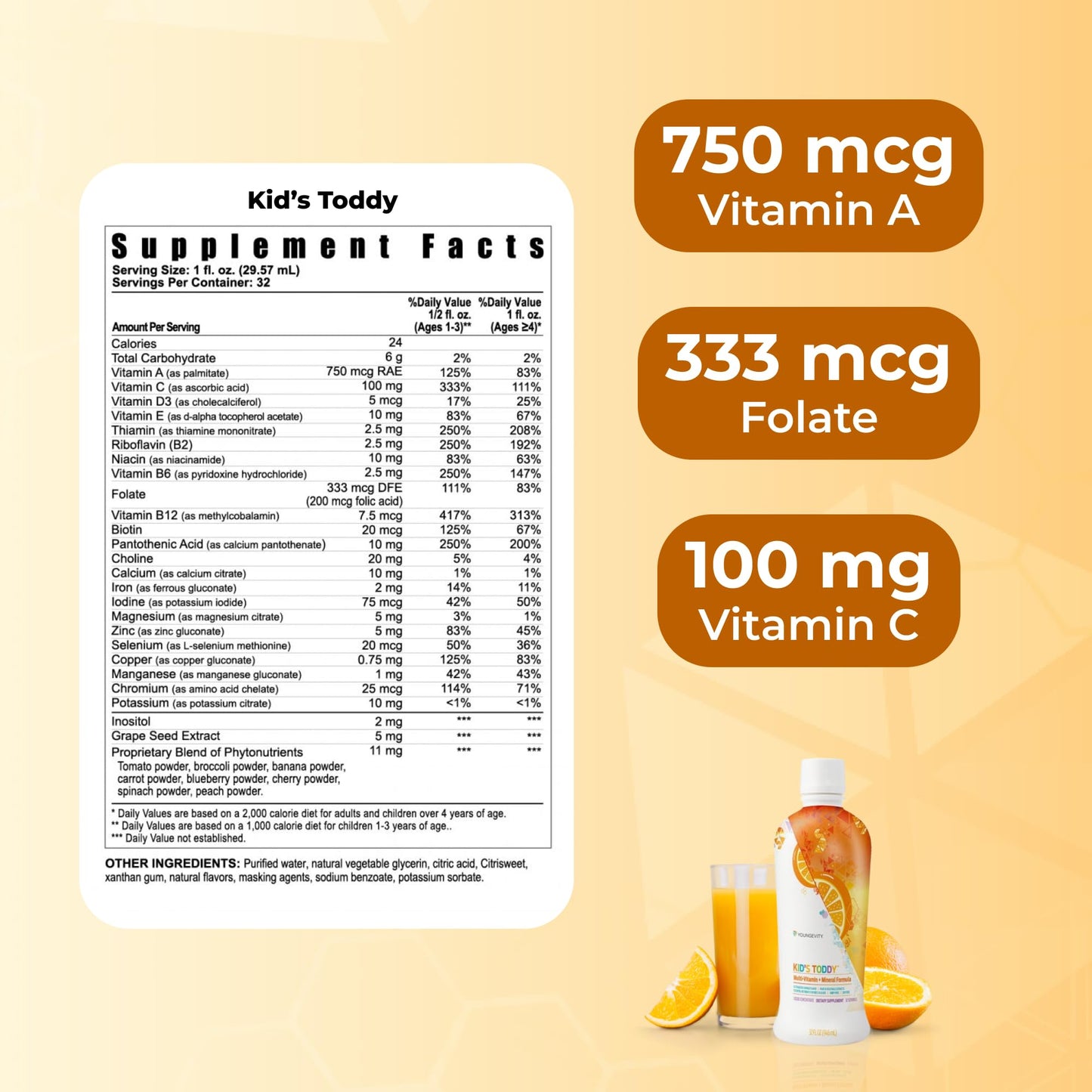 Youngevity Kid's Toddy™ - Mega Multivitamin for Kids & Children Age 2+ - 14 Vitamins, 10 Minerals, Phytonutrient Blend - Highly Absorbable - Great Tasting Orange 32 Fl Oz (Pack of 2) - dailyvitalstore