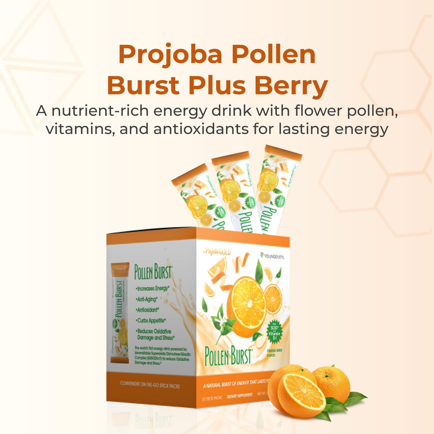 Youngevity ProJoba Pollen Burst™ - Clean Natural Energy Supplement w/Green Tea, Pollen Extract, GliSODin® - Increase Focus, Brain Boost, Endurance, Mental Clarity (30 Sticks) - dailyvitalstore