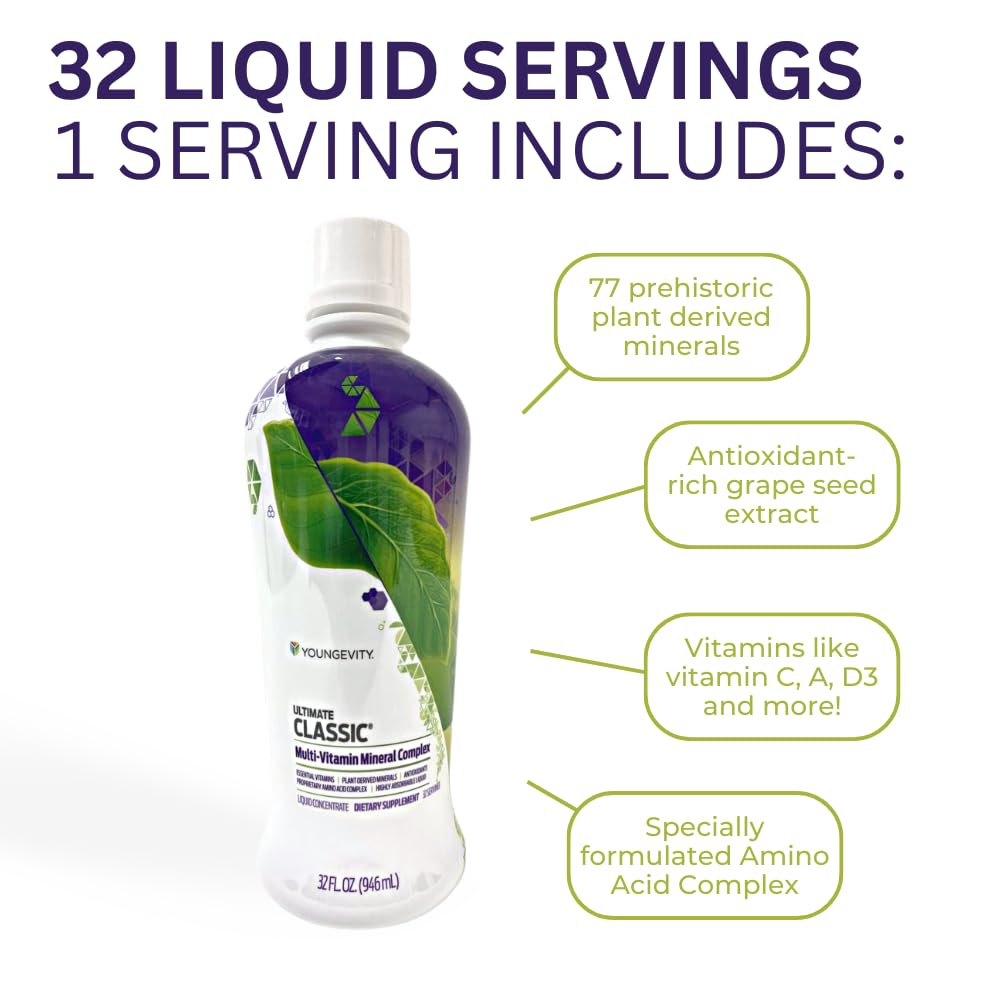 Youngevity Ultimate Classic® - Mega Multi-Vitamin & Mineral Complex - 16 Vitamins, 70+ Minerals, 12+ Amino Acids, Grape Seed, CoQ10, and More - Highly Absorbable Liquid (32 Fl Oz - Pack of 1) - dailyvitalstore