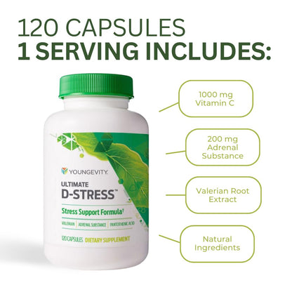 Youngevity Ultimate D-Stress™ – Natural Stress Relief Supplement with Magnesium, Valerian Root Extract, and B Vitamins – Supports Adrenal Health and Nervous System – 120 Capsules (Pack of 1) - dailyvitalstore