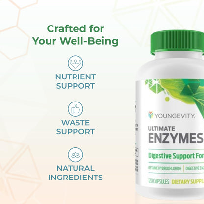 Youngevity Ultimate Enzymes® - Multi Enzymes for Digestion, Gas & Bloating Relief - Betaine HCl, Ox Bile, Pancreatine 10X, Papain 6M, Pepsin 1:3000 (120 Capsules) - dailyvitalstore