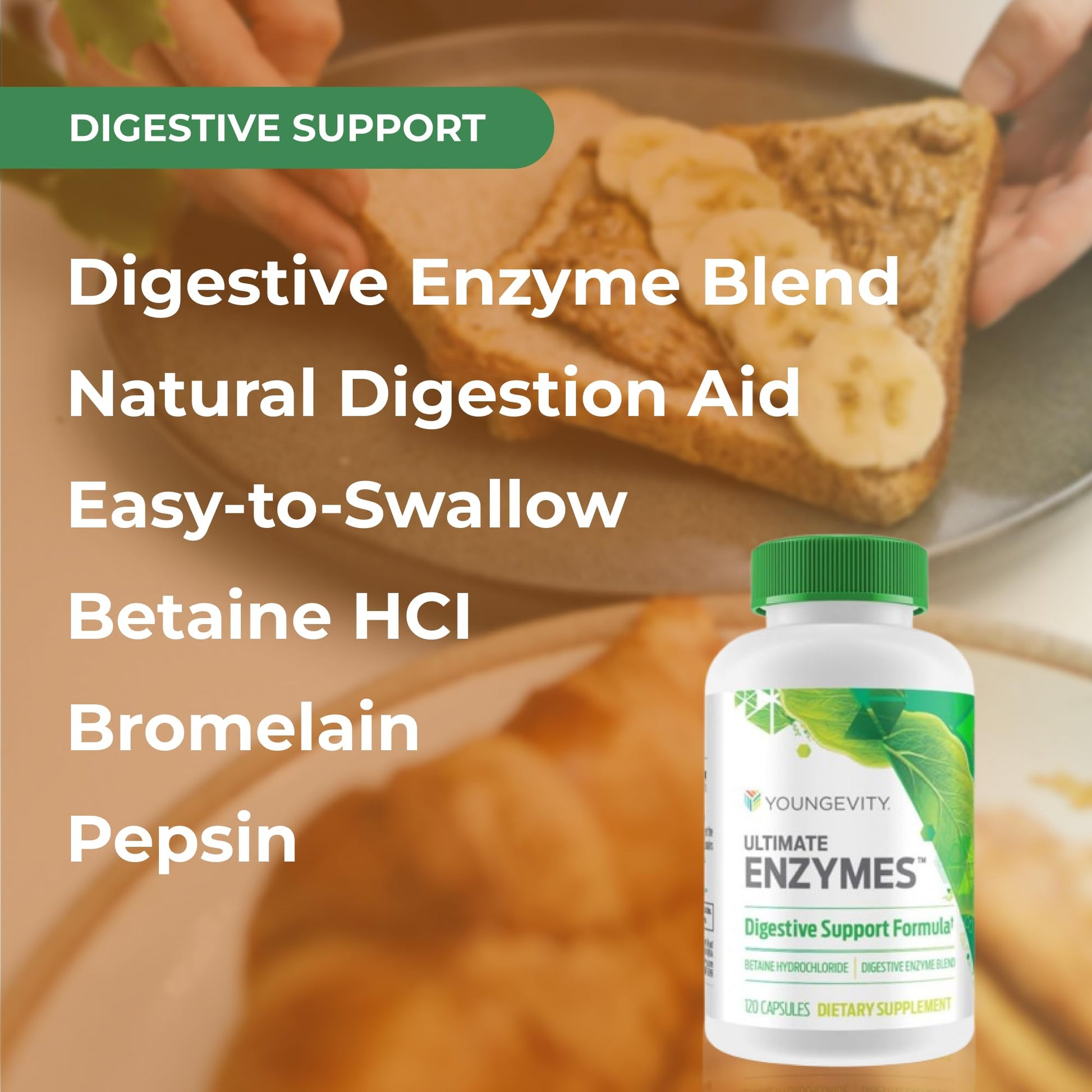 Youngevity Ultimate Enzymes® - Multi Enzymes for Digestion, Gas & Bloating Relief - Betaine HCl, Ox Bile, Pancreatine 10X, Papain 6M, Pepsin 1:3000 (120 Capsules) - dailyvitalstore