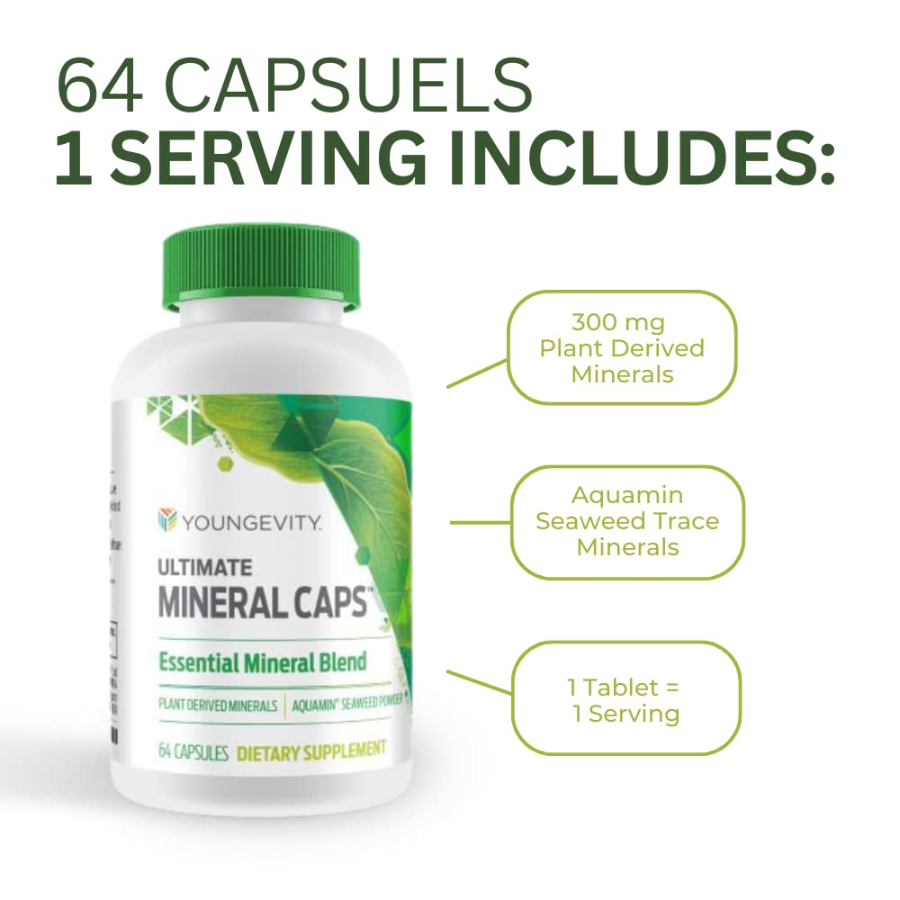 Youngevity Ultimate Mineral Caps™ - 70+ Essential Full Spectrum Trace Minerals - Nutrient-Dense, Derived from Humic & Aquamin Seaweed (64 Capsule) - dailyvitalstore